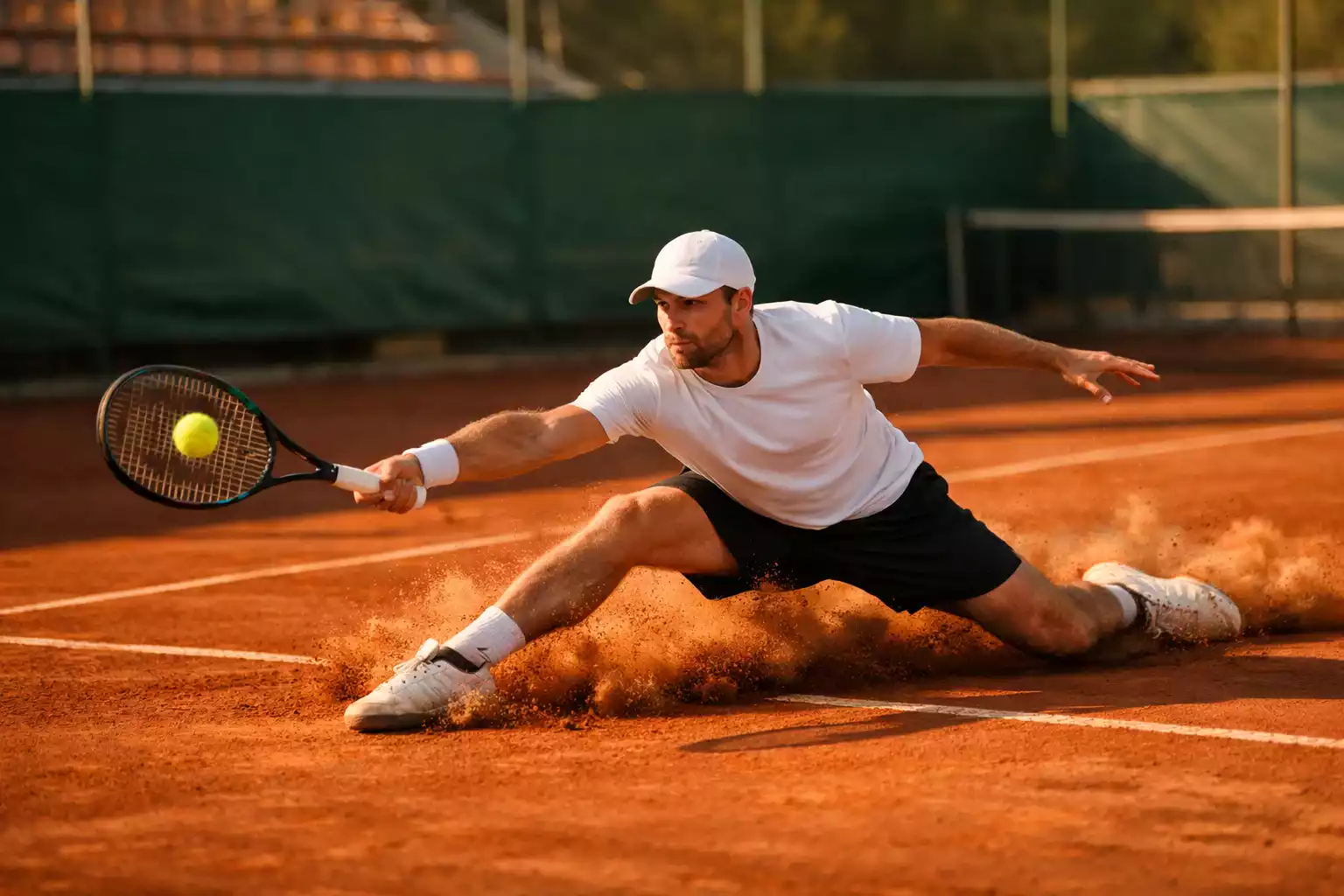 Tennisspieler gleitet auf rotem Sandplatz während eines intensiven Ballwechsels