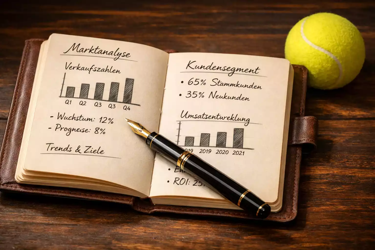 Notizbuch mit handgeschriebener Wettanalyse und Statistiken neben einem Tennisball
