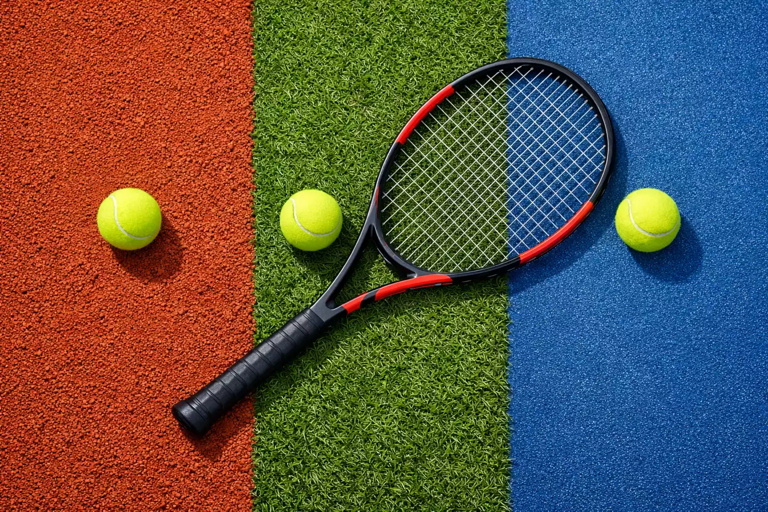 Verschiedene Tennisbälle und Schläger auf unterschiedlichen Belägen – Sand, Rasen und Hartplatz